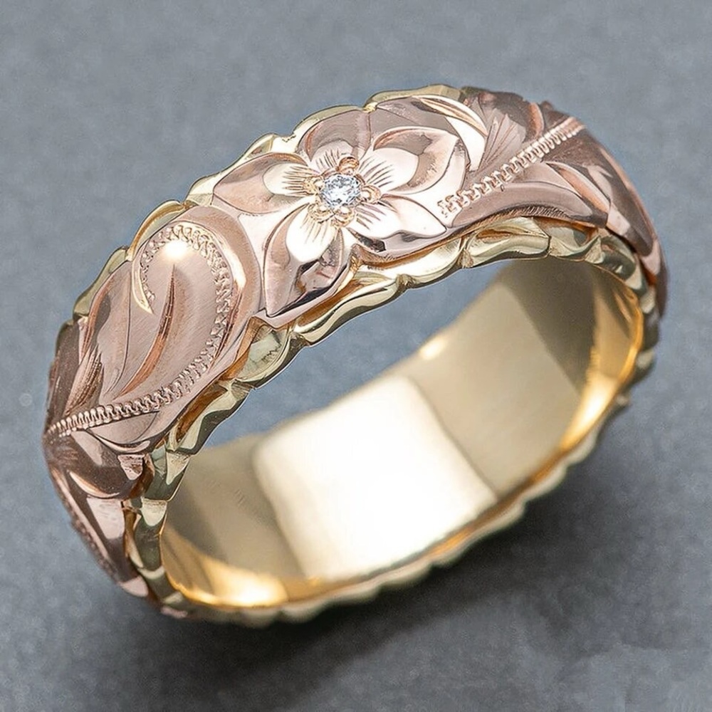 Hawaiian Heirloom Plumeria Wedding Band Rose & Yellow Gold Cubic Zirconia - Picture 8 of 13
